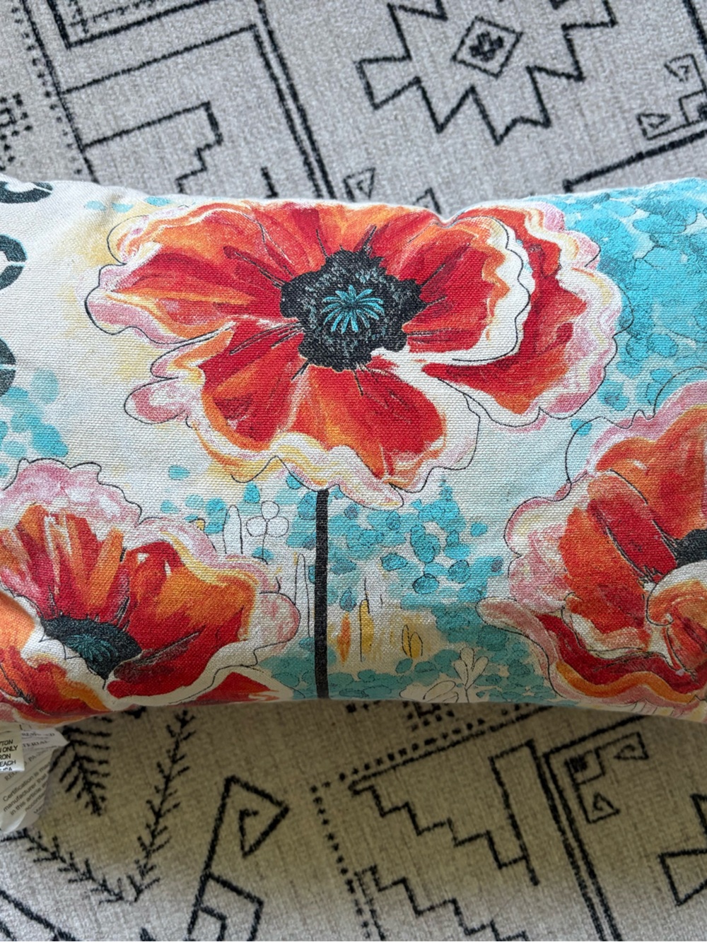 Floral Accent Pillow - Red & Turquoise Canvas Cushion